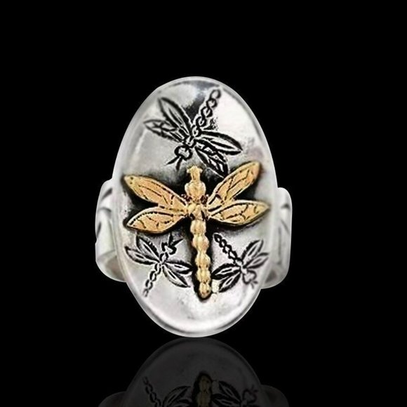 Sterling Silver Vintage Oval Golden Dragonfly Signet Ring - Picture 5 of 7